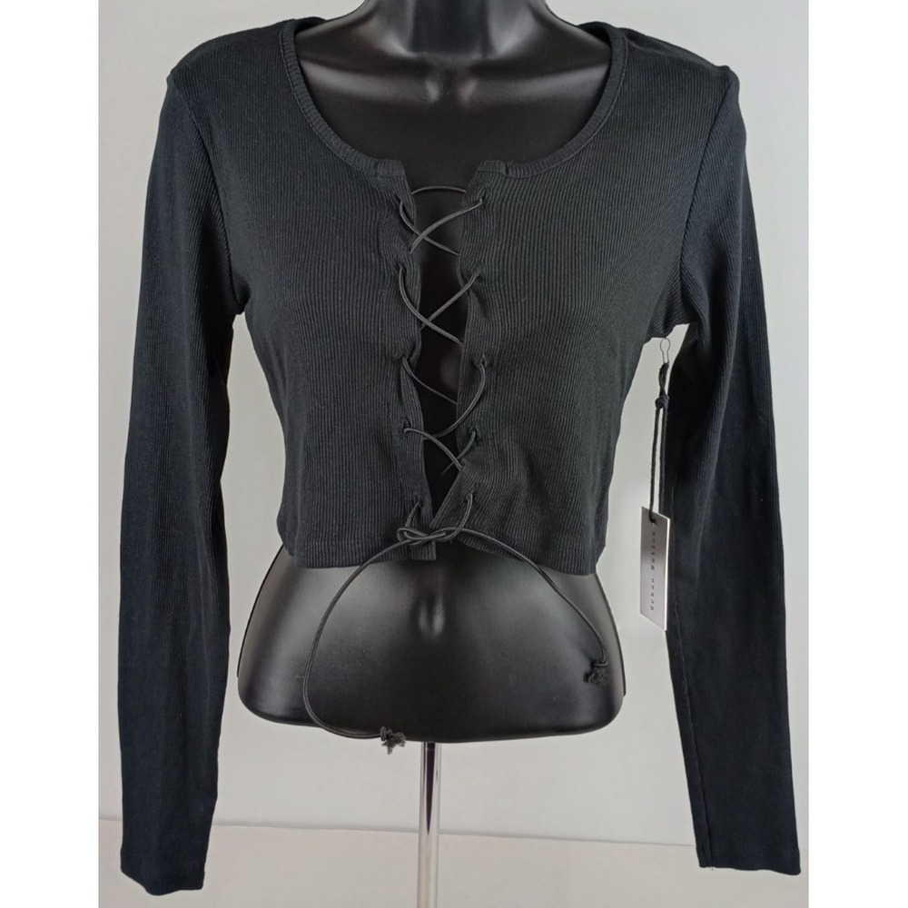 NWT Urban Nation Womens L Black Front Lace Up Cropped Long Sleeve Shirt